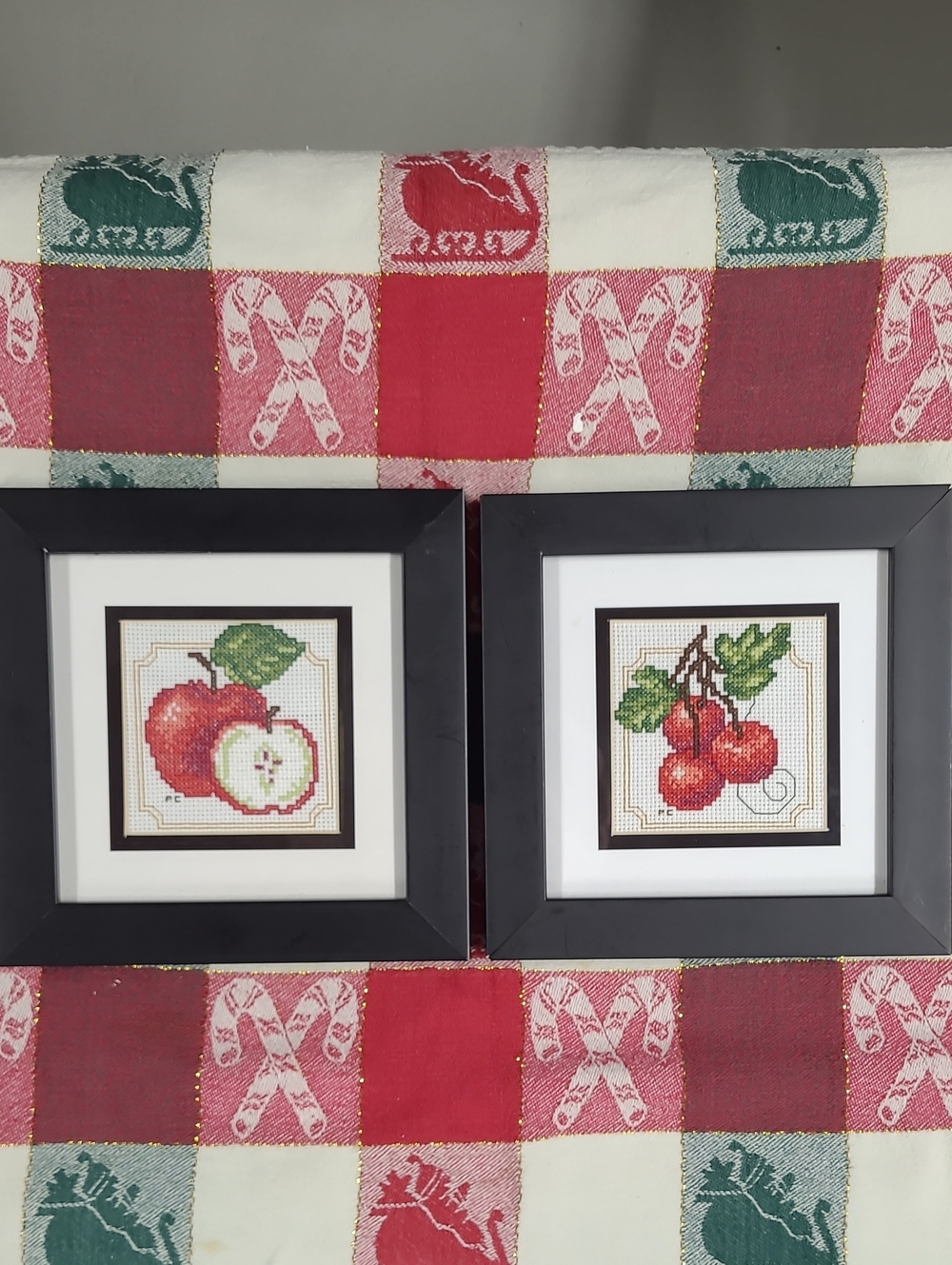 Set Of Framed Handmade Fruit Crossstitch Apples And Cherries Matted And Framed